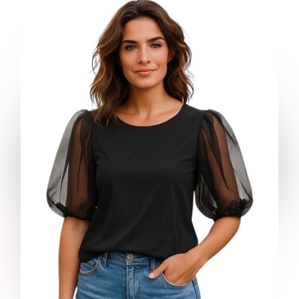 Honeypot Black Sheer Balloon bubble puff sleeve whimsy fairy goth NWT size S